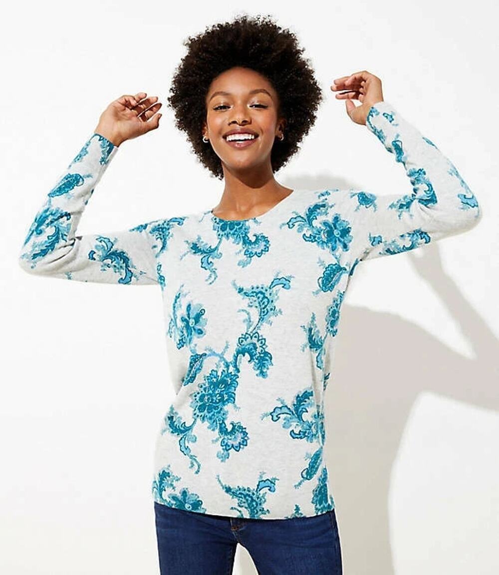 Ann Taylor LOFT Sweater Large Gray Floral Wool Blend